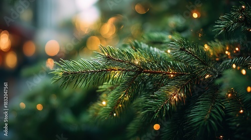 Winter pine branch with warm fairy lights creating peaceful festive and nature-inspired scene