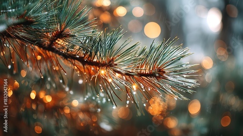 Glowing decorated pine branches creating bright holiday winter background in evergreen forest style