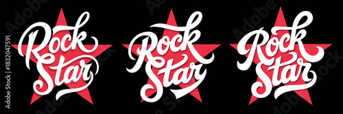 Rockstar lettering design. Creative, hand-drawn text. Vector illustration on a black background.