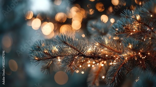 Glittering holiday lights glowing softly over fresh evergreen pine needles in winter decorative scene