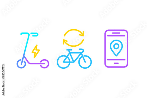 Electric scooter, bike sharing, and mobile app icons displayed with vibrant colors showcasing urban transportation options