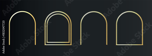 Luxury thin gold frame set in art deco, Islamic style. Premium geometric golden arch on black background. Elegant linear borders for vip, greeting card, wedding invitation. Isolated vector illustratio