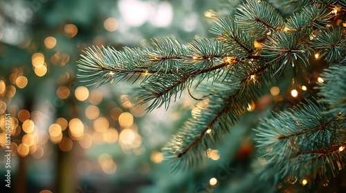 Glowing seasonal lights over fresh pine needles suitable for soft atmospheric nature banners