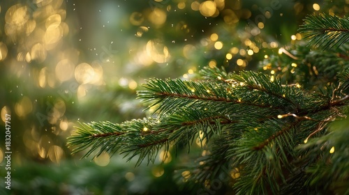 Evergreen pine needles with soft glowing golden bokeh background ideal for natural decorative holiday design