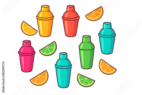 Colorful cocktail shakers and fruit slices create a cheerful scene of summer fun and refreshing drinks for a lively gathering