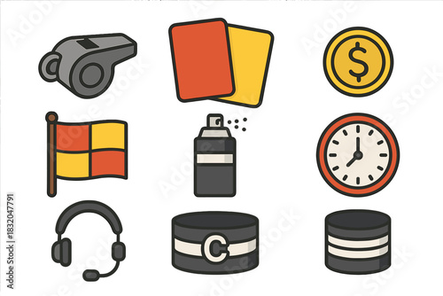 Sports coaching equipment displayed, including whistle, flags, cards, money, and timers at a training session