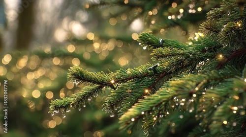 Green fir tree needles with warm sparkling lights suitable for winter nature and commercial layouts