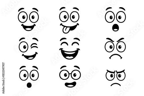 Nine expressive cartoon faces showing various emotions in a fun and engaging style