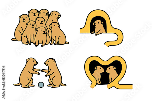 Group of playful meerkats engaging in activities and interacting in a lively scene