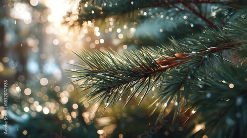 Close-up evergreen pine branches with glowing soft golden bokeh lights in warm atmospheric scene