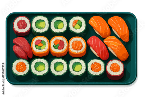 Colorful sushi tray featuring various rolls and sashimi in a vibrant presentation