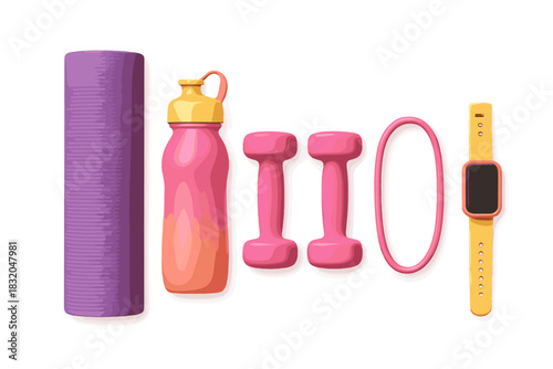 Variety of fitness equipment laid out on a flat surface for a complete workout session