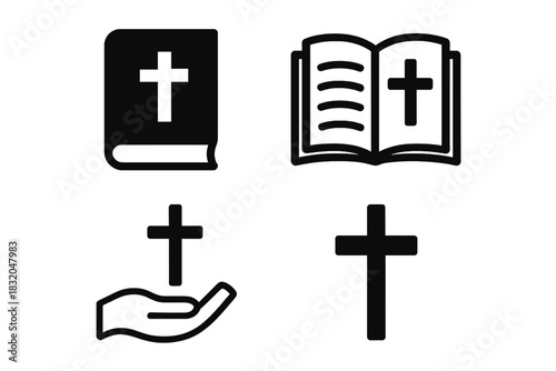 Symbols of faith depicted in various forms including a Bible and crosses in a simple black and white style