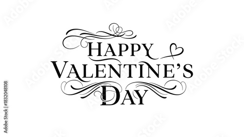 Elegant black and white typography design with the text "Happy Valentine's Day" adorned with decorative swirls and a small heart.