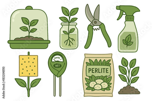 Gardening tools and supplies arranged on a flat surface for indoor plant care and cultivation