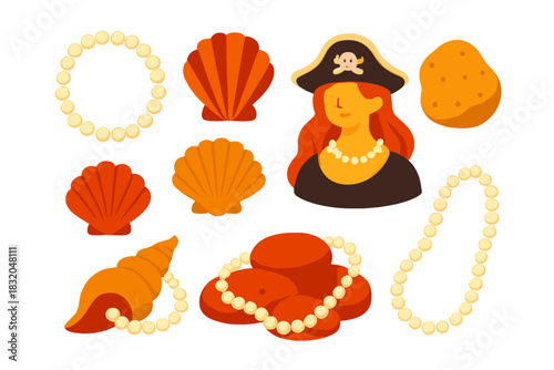 Bright and playful pirate-themed illustration featuring shells, beads, and a character in a pirate hat