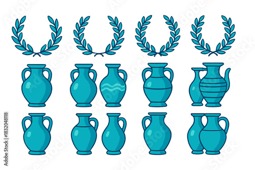 Decorative blue vases and laurel wreaths arranged in a creative design