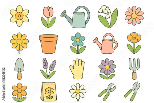 Colorful spring gardening tools and flowers arranged in a cheerful pattern suitable for decoration or craft