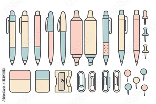 Colorful collection of stationery items arranged neatly on a flat surface with pastel colors