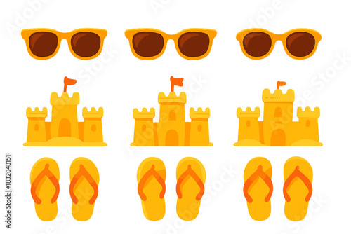 Summer beach collection featuring sunglasses, sandcastles, and flip flops for a fun day by the sea
