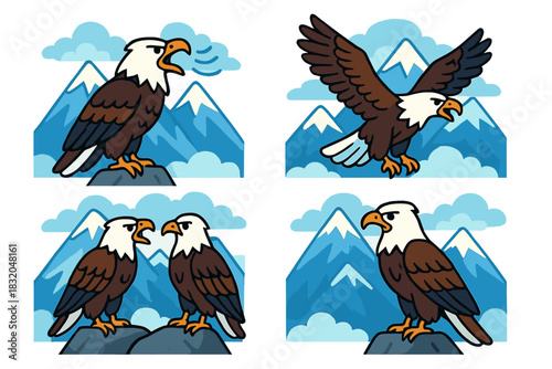 Bald eagles interacting in a mountainous landscape with snow-capped peaks and clear skies