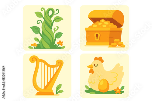 Colorful illustrations of a plant, treasure chest, harp, and chicken with egg in a playful, simple design