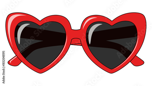 A pair of bright red heart-shaped sunglasses with dark lenses, isolated on a white background.