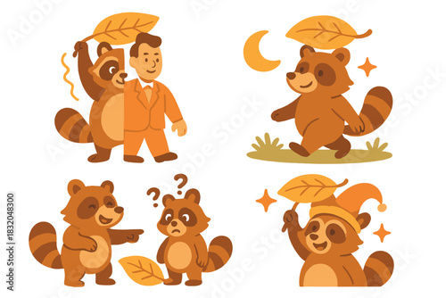 Raccoons enjoying autumn leaves with a well-dressed man in a whimsical woodland setting during the evening hours