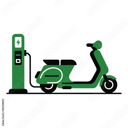 Green electric scooter charging at a modern station