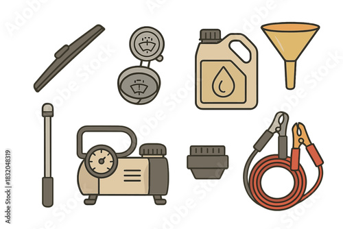 Tool set for vehicle maintenance displayed on a clean background with various essential items for car care and repair