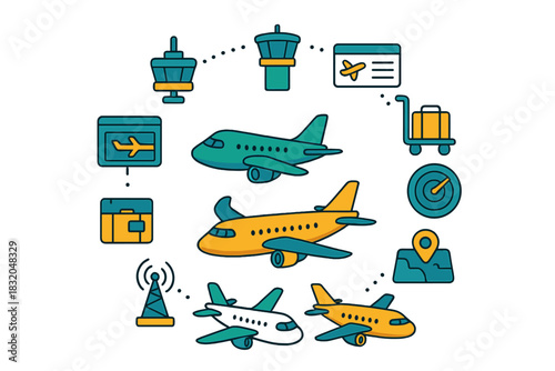 Variety of airplane icons and aviation symbols showcasing travel and airport activities