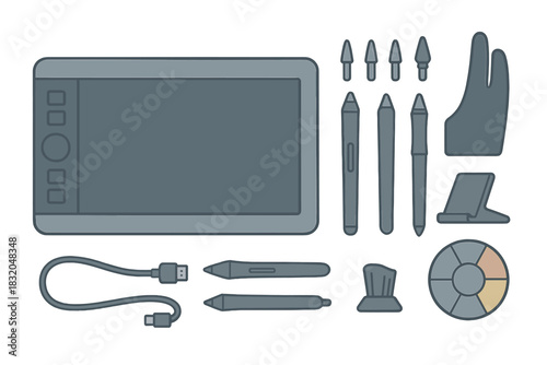 Digital drawing tools displayed for creative artists in a flat layout with pens, tablet, and accessories