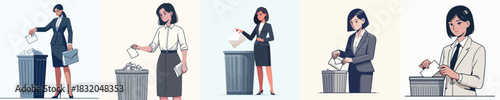 vector woman gesture throwing envelope into trash