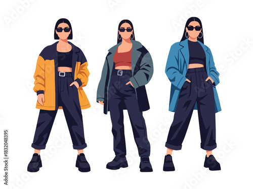 Flat vector collection of fashionable stylish women in streetwear outfits and relaxed poses, perfect for modern fashion design, editorial content, and trendy youth visuals