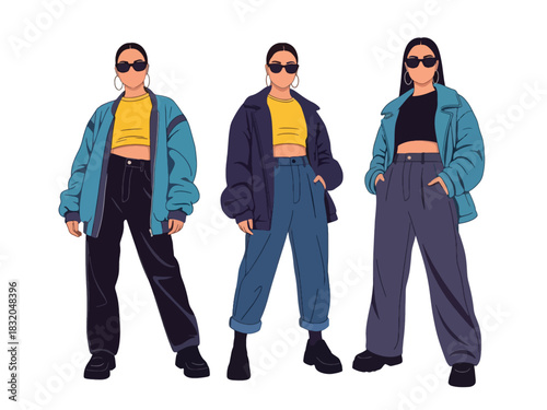 Flat vector collection of fashionable stylish women in streetwear outfits and relaxed poses, perfect for modern fashion design, editorial content, and trendy youth visuals