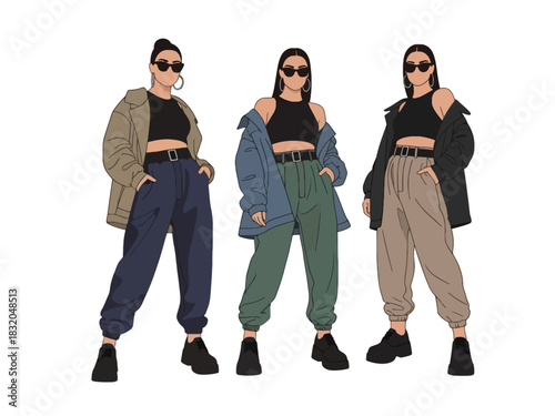 Flat vector collection of fashionable stylish women in streetwear outfits and relaxed poses, perfect for modern fashion design, editorial content, and trendy youth visuals