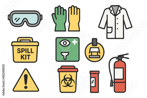 Safety equipment and hazard symbols for laboratory environments in a clear and organized layout