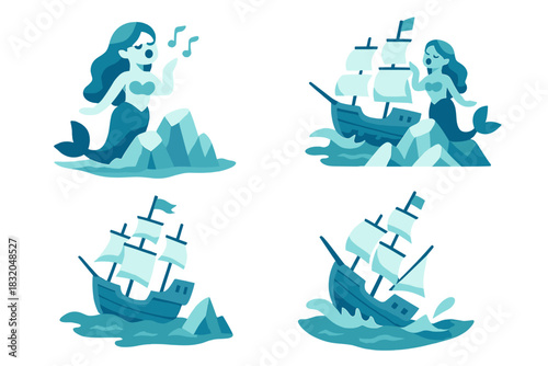 Mermaid singing near a ship amidst waves and rocks in a playful ocean scene