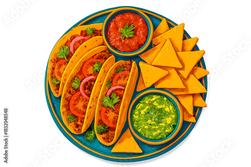 Colorful plate of tacos and nachos with fresh toppings served at a casual dining setting during lunch