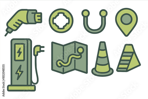 Symbols representing electric vehicle charging, navigation, and road safety for transportation needs