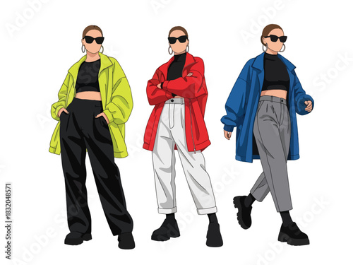 Flat vector collection of fashionable stylish women in streetwear outfits and relaxed poses, perfect for modern fashion design, editorial content, and trendy youth visuals