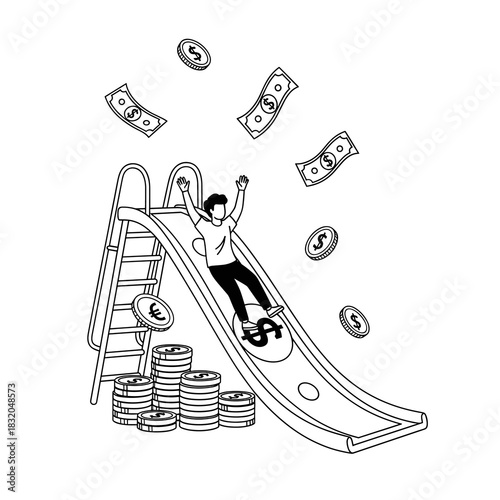 Happy person enthusiastically sliding down a money slide with cash and coins.