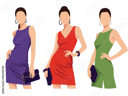 Stylish flat vector set of fashionable women dressed for nightlife, cocktail events, and parties, ideal for glamorous design themes and lifestyle branding visuals