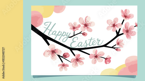 Happy easter greeting card with delicate pink cherry blossoms on a branch and soft pastel background