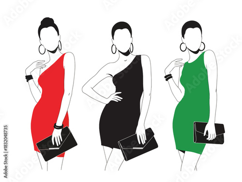 Stylish flat vector set of fashionable women dressed for nightlife, cocktail events, and parties, ideal for glamorous design themes and lifestyle branding visuals