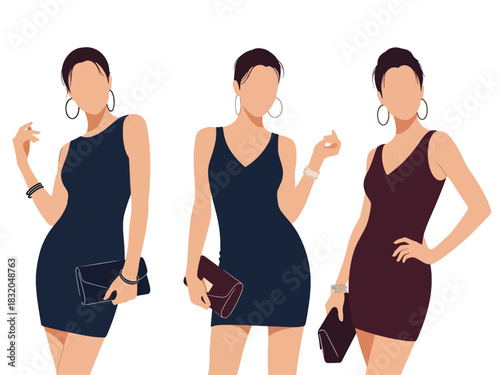 Stylish flat vector set of fashionable women dressed for nightlife, cocktail events, and parties, ideal for glamorous design themes and lifestyle branding visuals