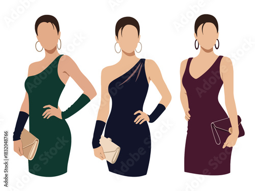Stylish flat vector set of fashionable women dressed for nightlife, cocktail events, and parties, ideal for glamorous design themes and lifestyle branding visuals