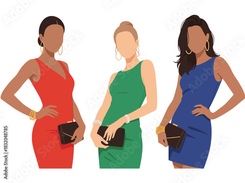 Stylish flat vector set of fashionable women dressed for nightlife, cocktail events, and parties, ideal for glamorous design themes and lifestyle branding visuals