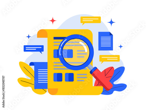 Detailed document analysis and information search with magnifying glass.