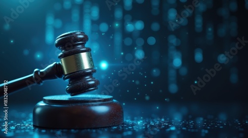 Digital law and cyber security concept with binary code gavel for online legal services and justice system 
